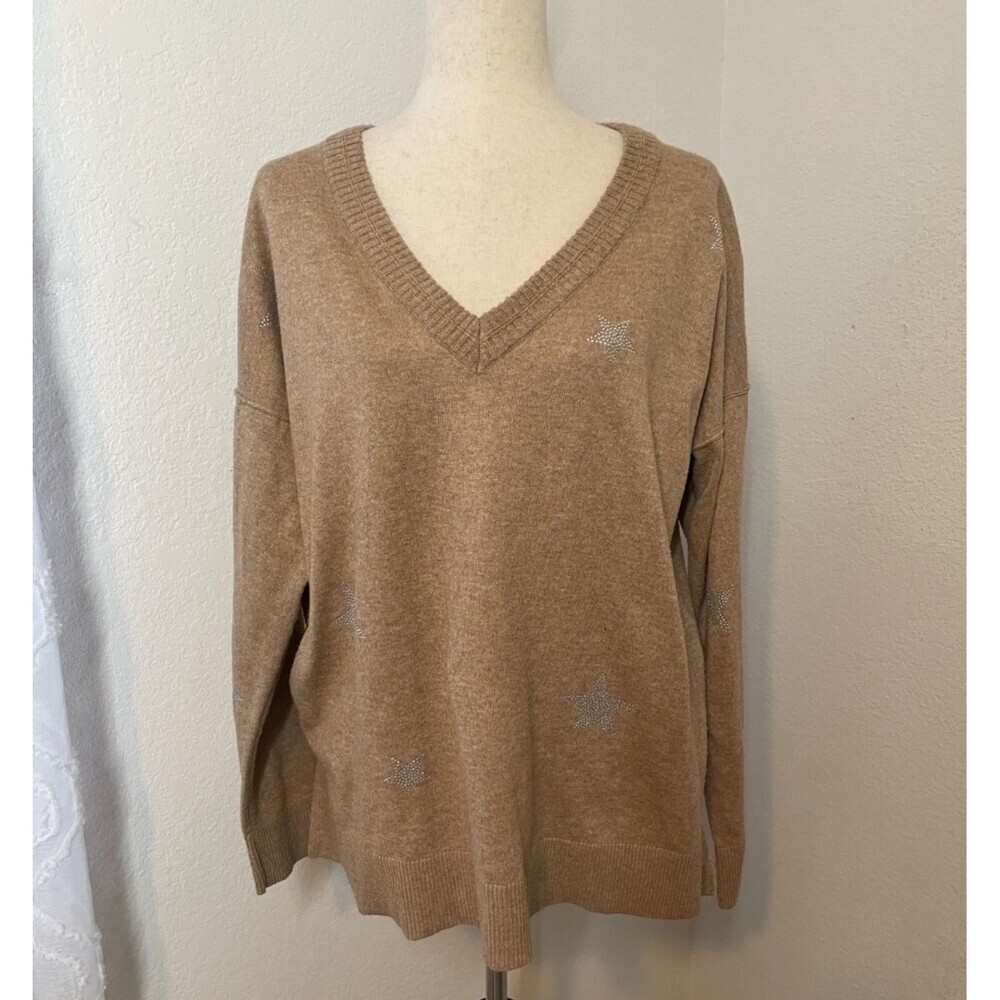 Knox Rose Sweater Womens XXL Stars Pattern Studded Long Sleeve Stretch Brown